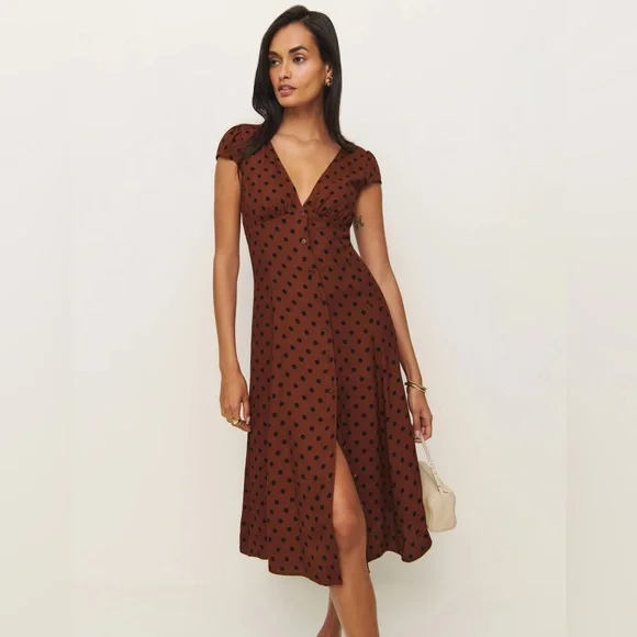 Reformation Brown Polka Dot Midi Dress with Black Spots - Picture 1 of 5